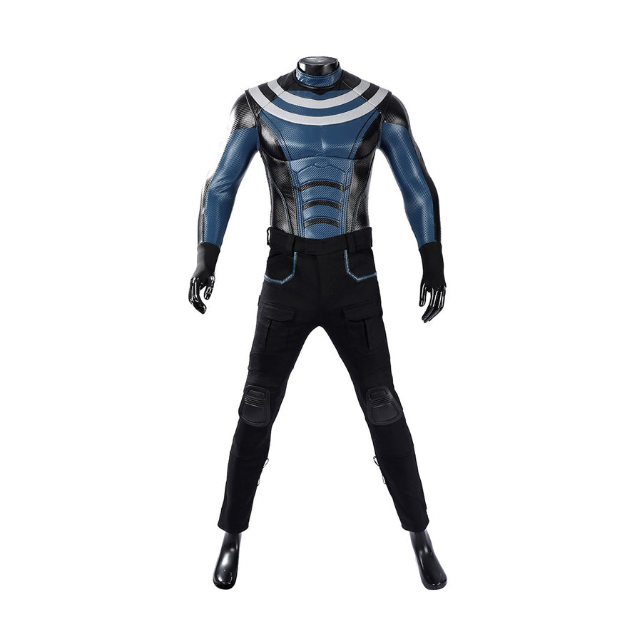 Bullseye Lester cosplay costume centers a textured blue and black patterned torso piece paired with fitted dark pants.