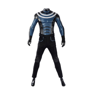 Bullseye Lester cosplay costume centers a textured blue and black patterned torso piece paired with fitted dark pants.