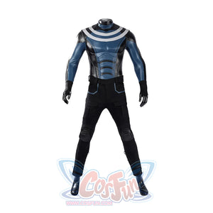 Bullseye Lester cosplay costume centers a textured blue and black patterned torso piece paired with fitted dark pants.