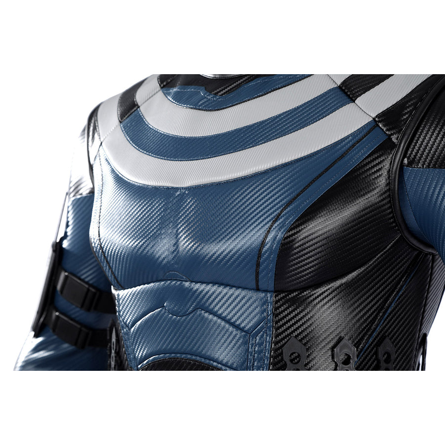 Bullseye Lester cosplay costume centers textured blue and black faux leather vest with chest panels.