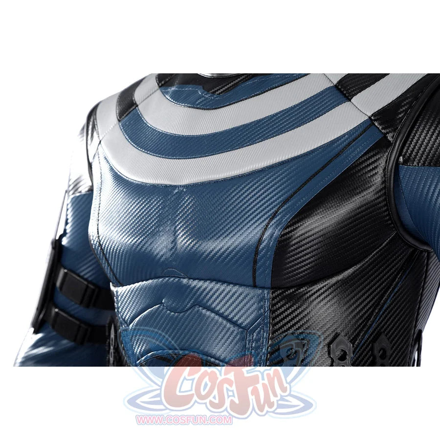 Bullseye Lester cosplay costume centers textured blue and black faux leather vest with chest panels.