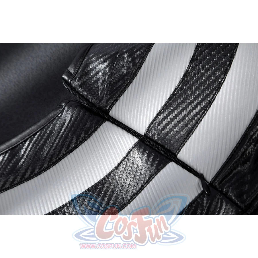 Bullseye Lester cosplay costume layers glossy textured faux leather with light gray striped panels and a center zipper.
