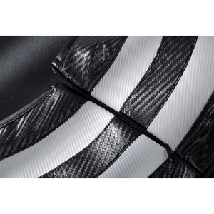 Bullseye Lester cosplay costume layers glossy textured faux leather with light gray striped panels and a center zipper.