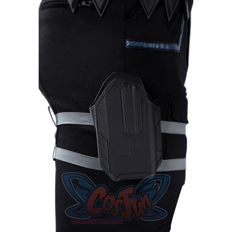 Bullseye Lester cosplay costume centers a sturdy black thigh holster secured with adjustable grey elastic leg straps.