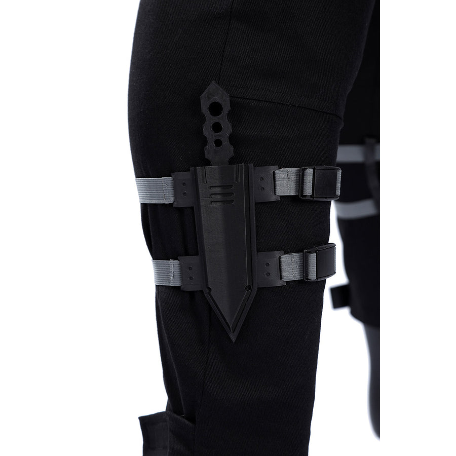 Bullseye Lester cosplay costume centers a black knife sheath anchored to the leg with adjustable buckled elastic straps.