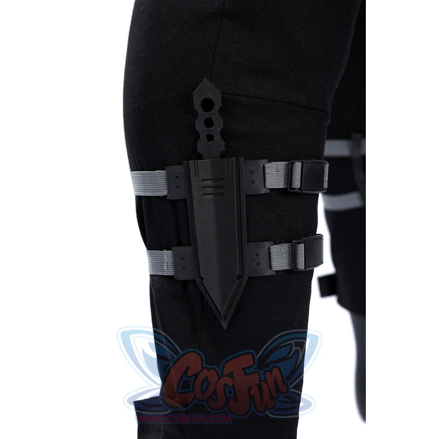 Bullseye Lester cosplay costume centers a black knife sheath anchored to the leg with adjustable buckled elastic straps.