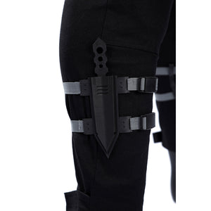 Bullseye Lester cosplay costume centers a black knife sheath anchored to the leg with adjustable buckled elastic straps.