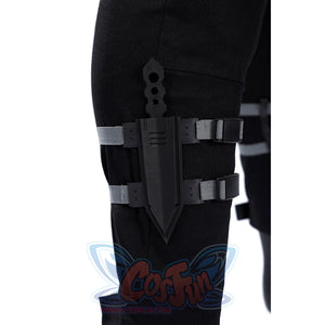 Bullseye Lester cosplay costume centers a black knife sheath anchored to the leg with adjustable buckled elastic straps.