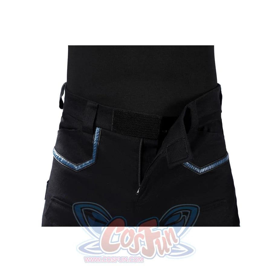 Bullseye Lester cosplay costume black trousers gather at the waist with durable velcro closures and metallic trim details.