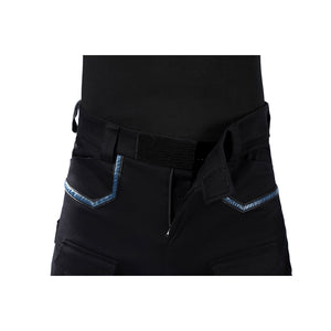 Bullseye Lester cosplay costume black trousers gather at the waist with durable velcro closures and metallic trim details.