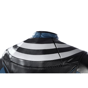 Bullseye Lester cosplay costume centers textured black and silver-tone striped collar and vest panels.