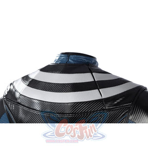 Bullseye Lester cosplay costume centers textured black and silver-tone striped collar and vest panels.