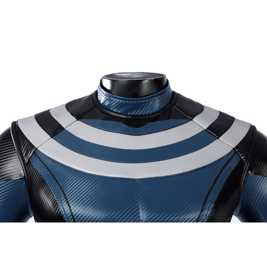 Bullseye Lester cosplay costume centers Vest chest detail with blue and gray striped faux leather textures.