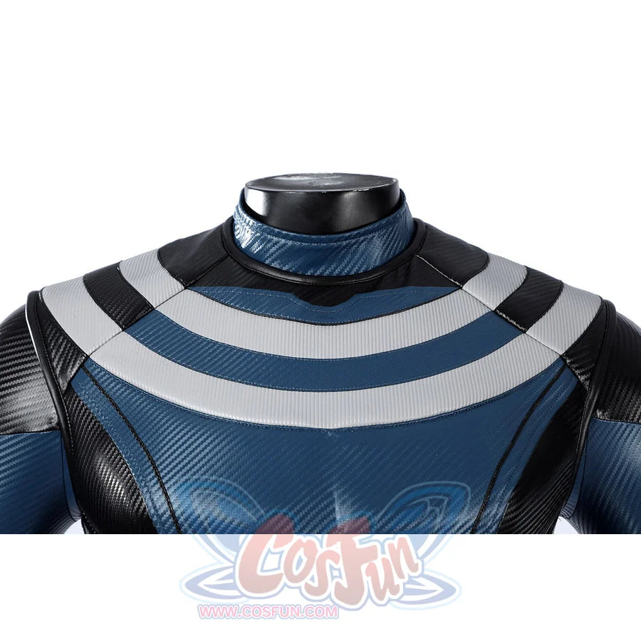 Bullseye Lester cosplay costume centers Vest chest detail with blue and gray striped faux leather textures.
