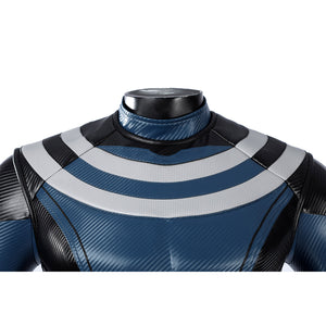 Bullseye Lester cosplay costume centers Vest chest detail with blue and gray striped faux leather textures.