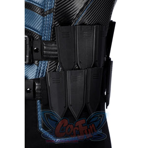 Bullseye Lester cosplay costume centers a waist knife set with tactical matte black sheaths layered over textured fabric.