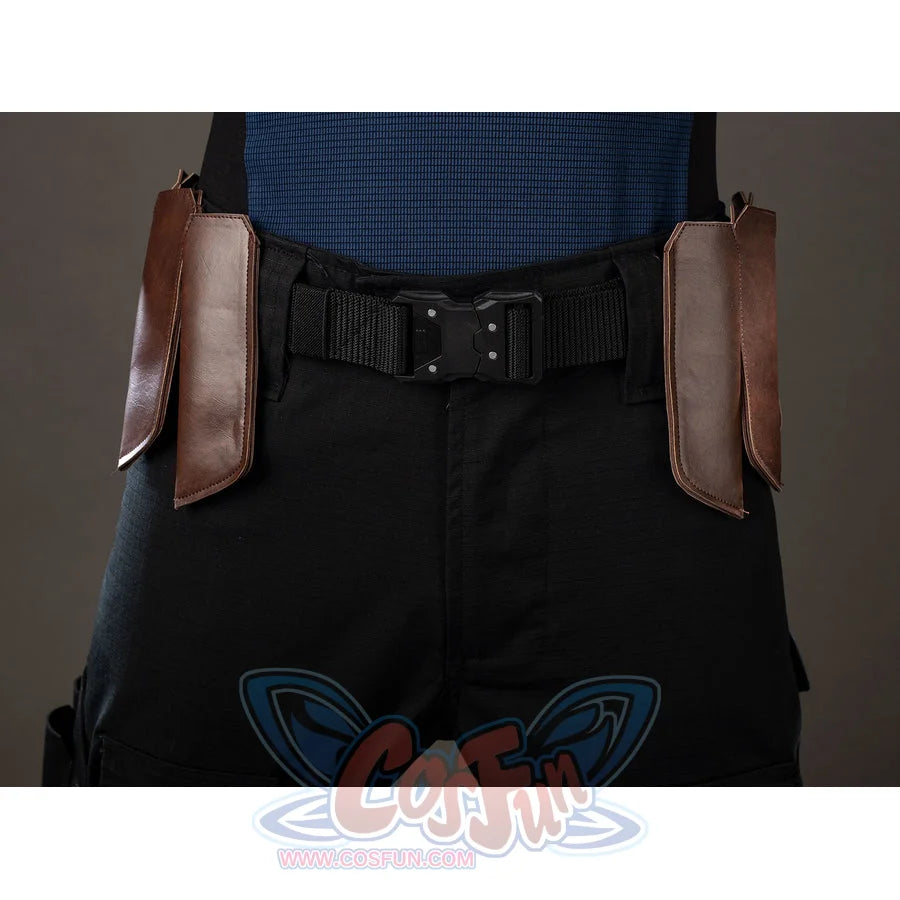 Bullseye Lester cosplay costume centers twin brown pouches above the black utility belt.
