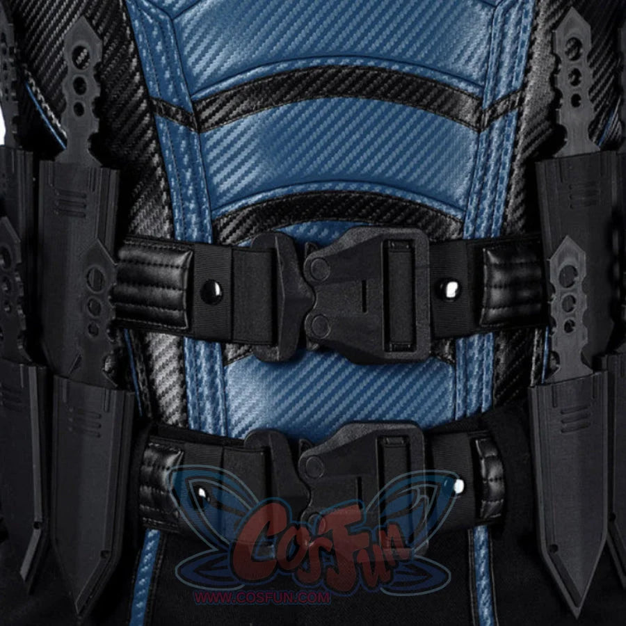 Bullseye Lester cosplay costume centers a reinforced waist belt with tactical knife sheaths and secure black buckles.