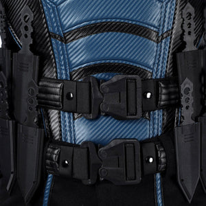 Bullseye Lester cosplay costume centers a reinforced waist belt with tactical knife sheaths and secure black buckles.