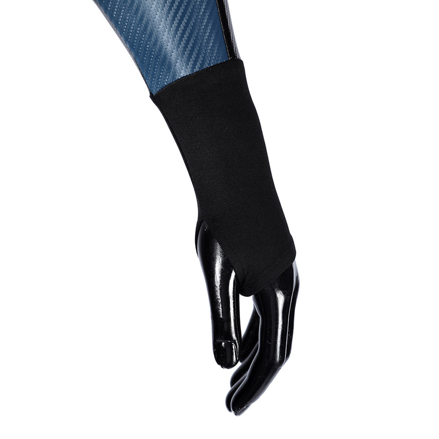 Bullseye Lester cosplay costume centers a black fabric wrist guard attached to a textured blue sleeve for the arm.