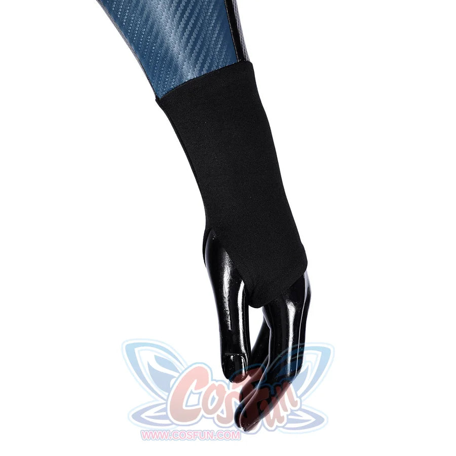 Bullseye Lester cosplay costume centers a black fabric wrist guard attached to a textured blue sleeve for the arm.