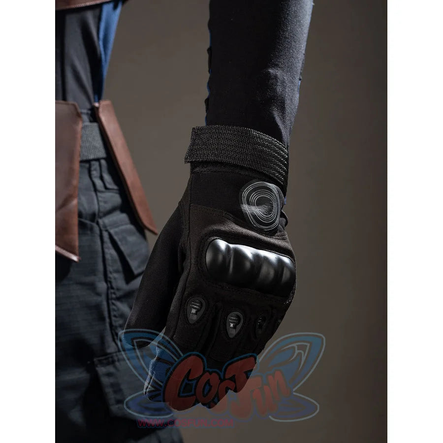 Bullseye Lester cosplay costume sets glove padding beside a black wrist sheath and strap.