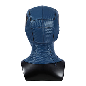 Bullseye Lester cosplay costume centers a blue textured head cover crafted from faux leather with reinforced paneling.