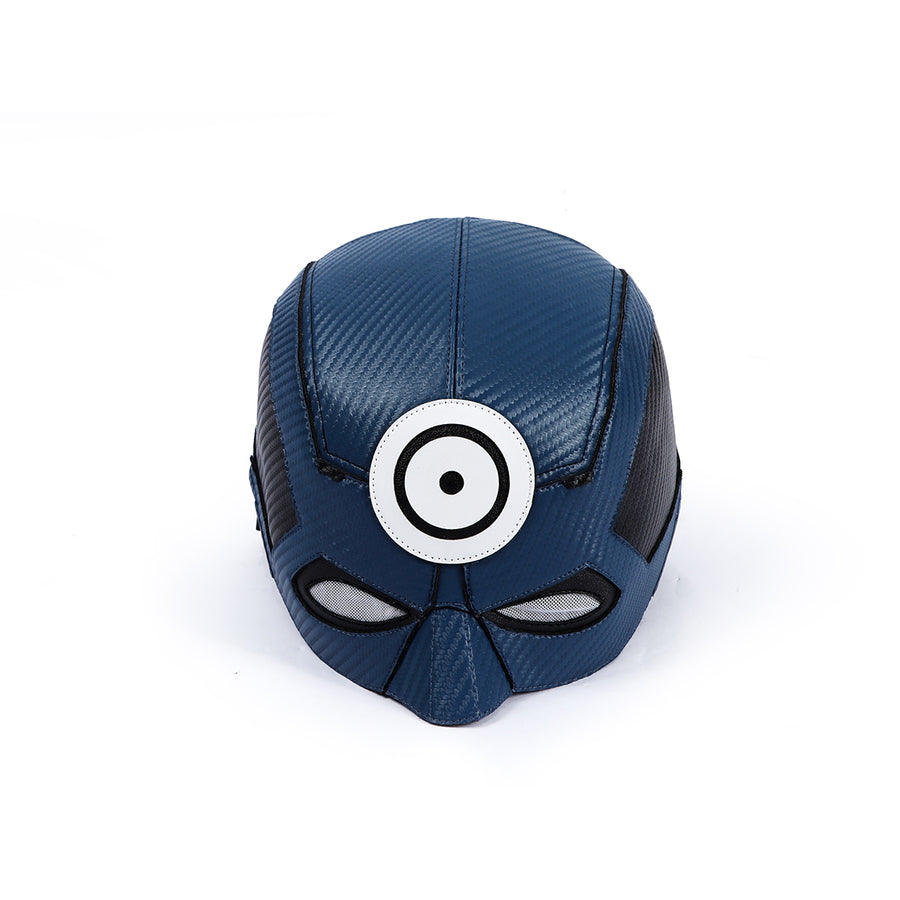 Bullseye Lester cosplay costume head cover anchors a prominent white circular bullseye emblem over durable textured fabric.