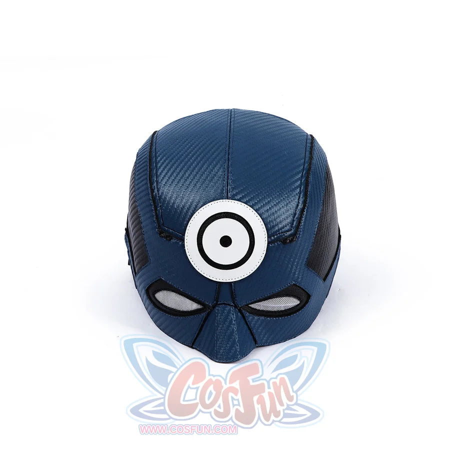 Bullseye Lester cosplay costume head cover anchors a prominent white circular bullseye emblem over durable textured fabric.