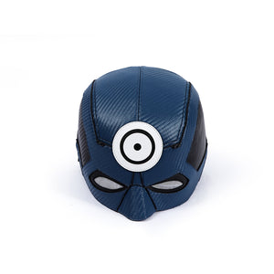 Bullseye Lester cosplay costume head cover anchors a prominent white circular bullseye emblem over durable textured fabric.