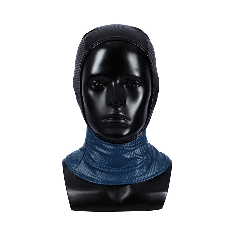 Bullseye Lester cosplay costume head cover frames the face with textured black upper panels and blue neck detailing.