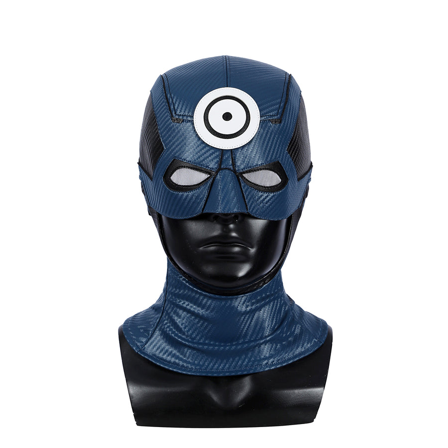 Bullseye Lester cosplay costume head cover pairs a textured blue pattern and a central white bullseye emblem detail.
