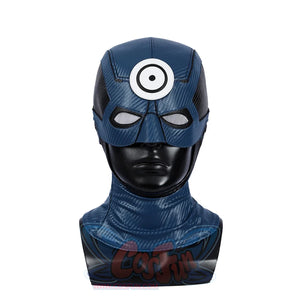 Bullseye Lester cosplay costume head cover pairs a textured blue pattern and a central white bullseye emblem detail.
