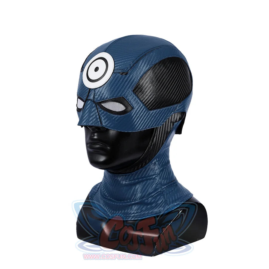 Bullseye Lester cosplay costume head cover integrates blue textured faux leather with a white circular emblem and mesh eyes.