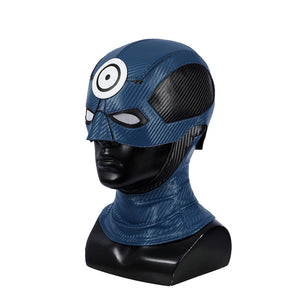 Bullseye Lester cosplay costume head cover integrates blue textured faux leather with a white circular emblem and mesh eyes.