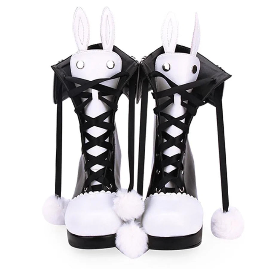 Bunny Ears Lace-Up Fuzzy Ball Collar High Heel Lolita Boots