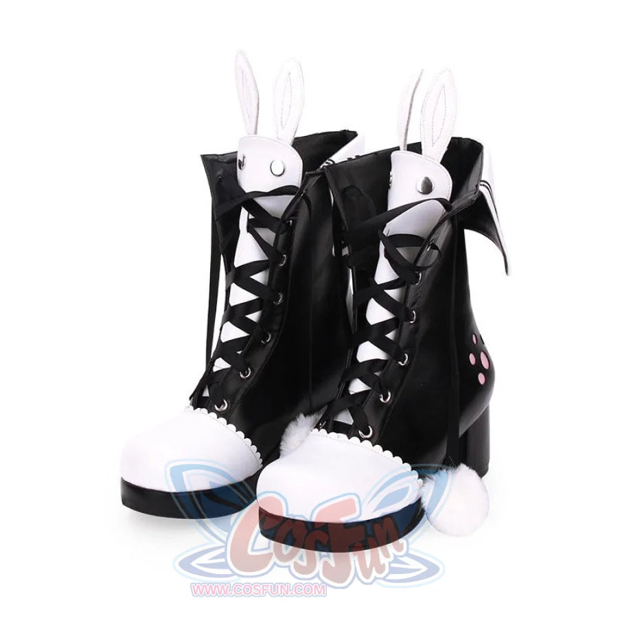 Bunny Ears Lace-Up Fuzzy Ball Collar High Heel Lolita Boots