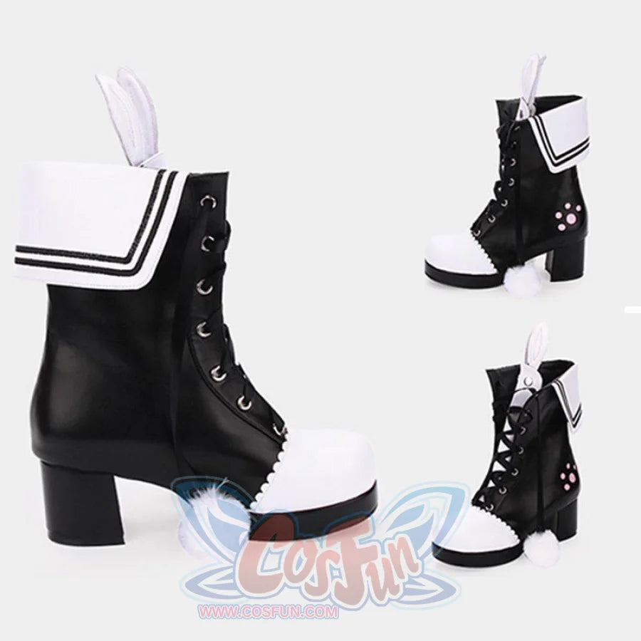 Bunny Ears Lace-Up Fuzzy Ball Collar High Heel Lolita Boots