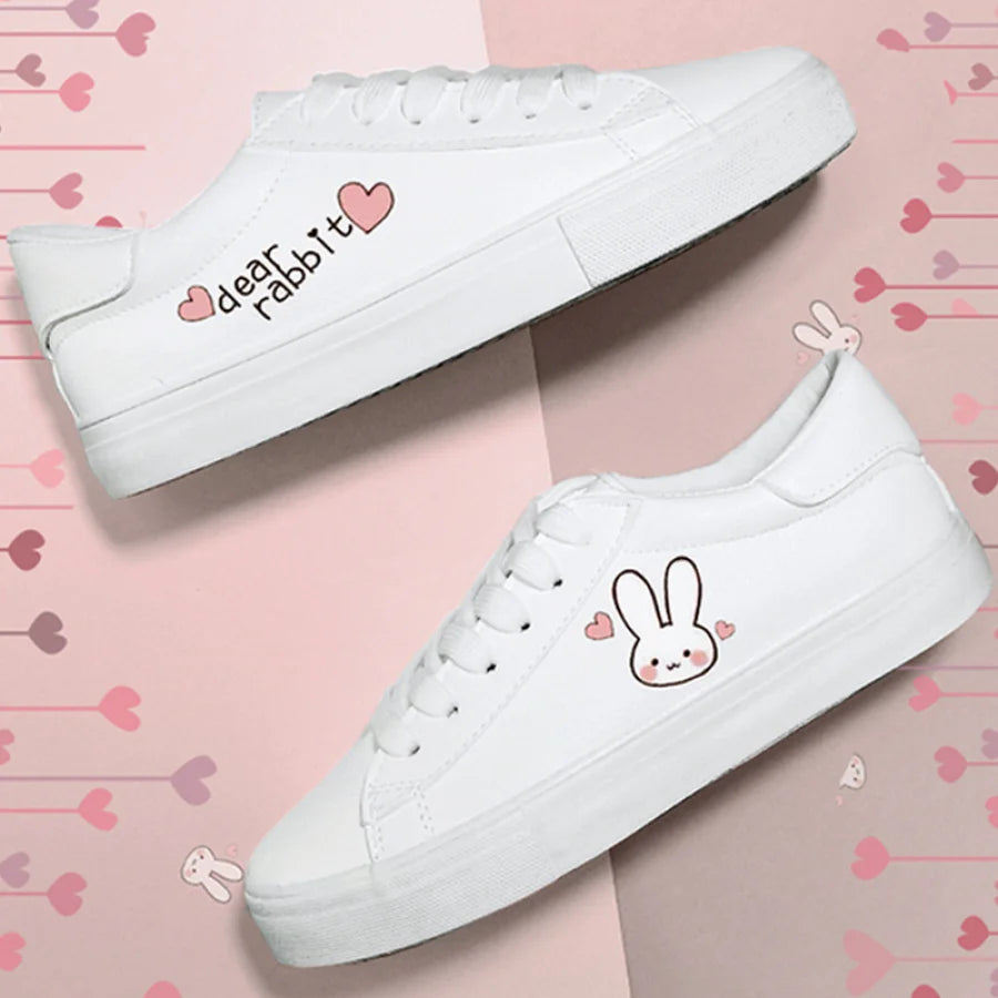 Bunny Kitty Print Casual Shoes Pu Slip-On Classic White Sneakers