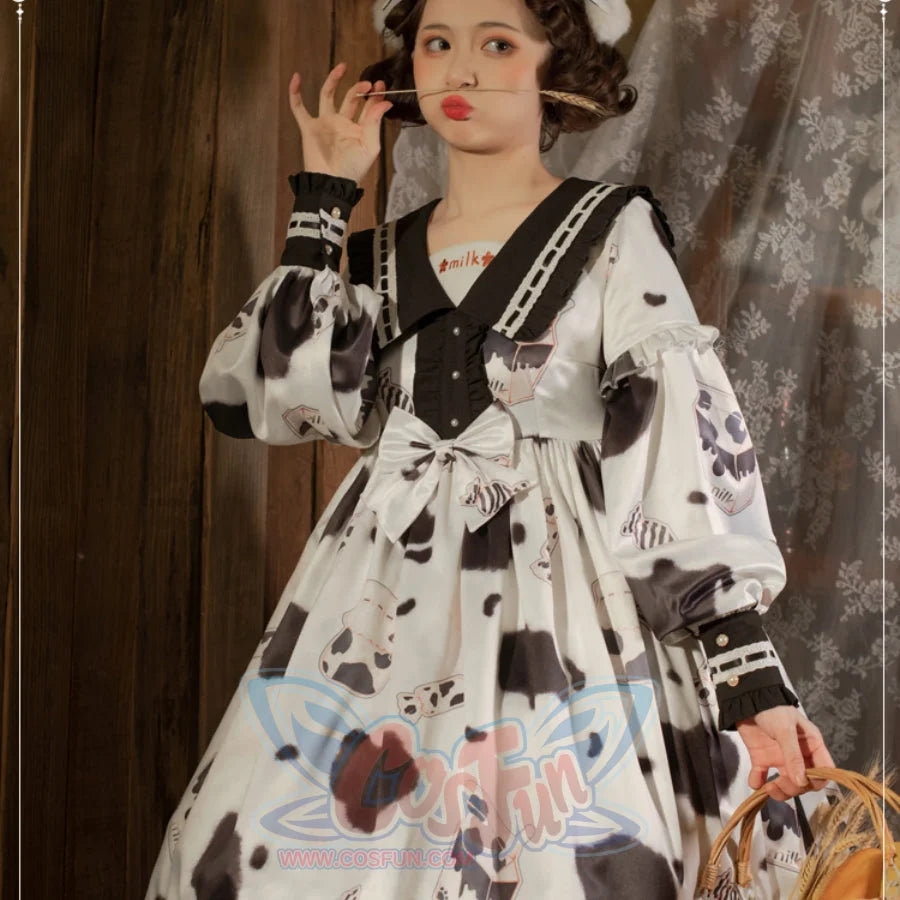 Lovely Cow Printed Lolita Long Sleeve Dress - cosfun