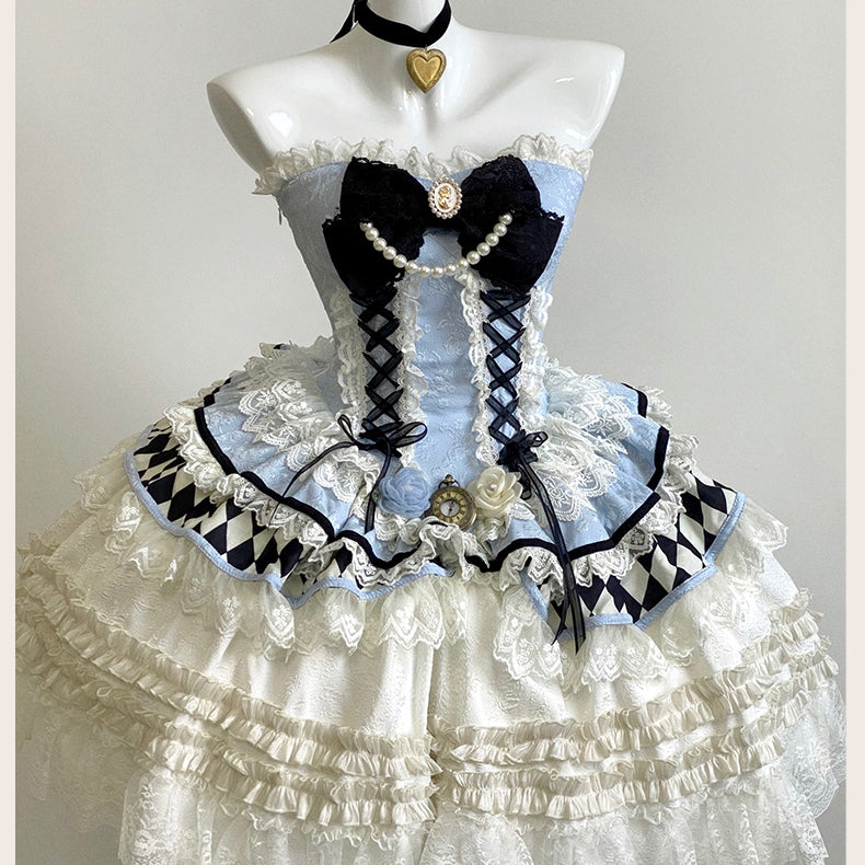 Strapless Princess Formal Dress Lace Bow Cake Skirt