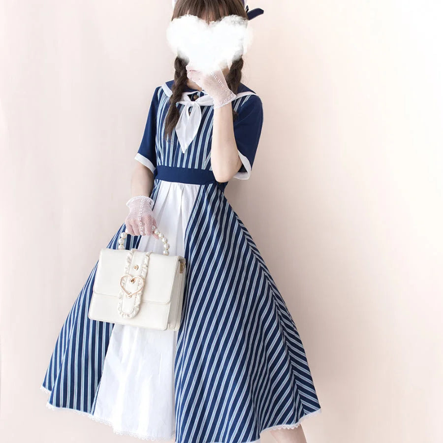 Summer Color Blocking Stripe Short-sleeved Dress - cosfun