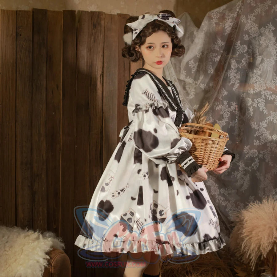Lovely Cow Printed Lolita Long Sleeve Dress - cosfun