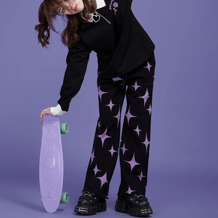 Black And Purple Star Sweet Style Knitted Pants Thick Pants Pants