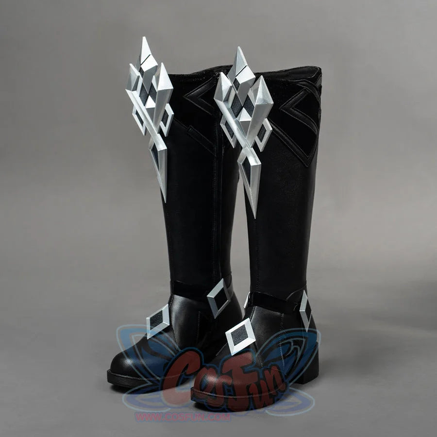 Angled view of Capitano cosplay boots showing black faux leather, block heels, and silver armor accents