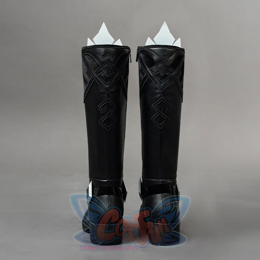 Back view of Capitano cosplay boots with stitched shaft emblems, heel straps, and silver diamond details