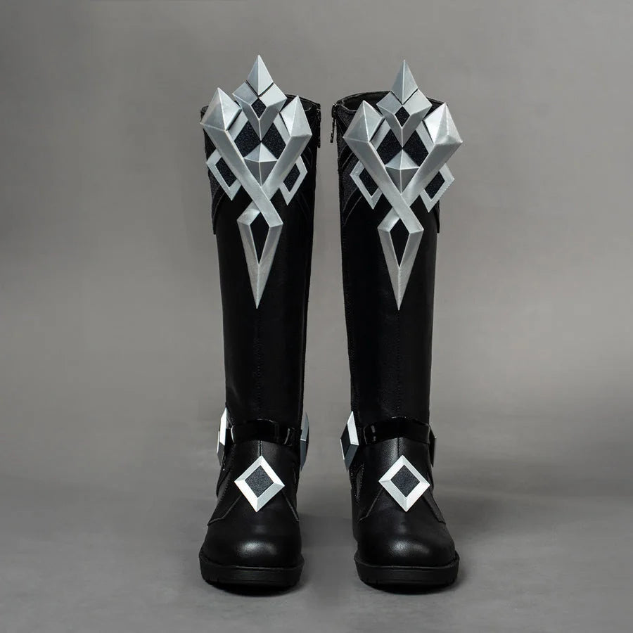 Capitano cosplay boots from Genshin Impact with black faux leather shafts and silver crest panels