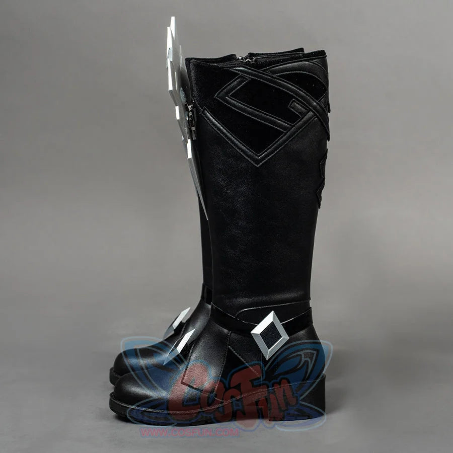 Side view of Capitano cosplay boots highlighting tall black shafts, block heels, and side diamond accents