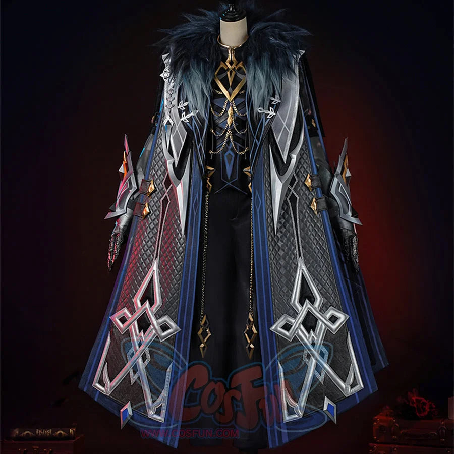 Genshin Impact Il Capitano cosplay complete outfit balances embroidered fur-collar overcoat above patterned vest and black.