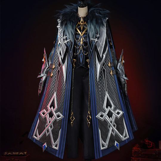 Genshin Impact Il Capitano cosplay complete outfit balances embroidered fur-collar overcoat above patterned vest and black.